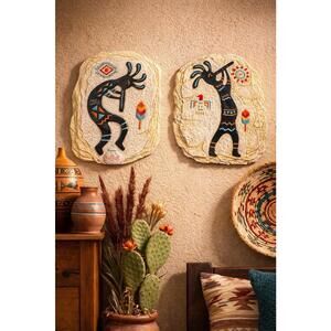 Collections Etc. 2000s Set Of 2 Kokopelli Stone Resin Wall Plaques, 8.5x10”